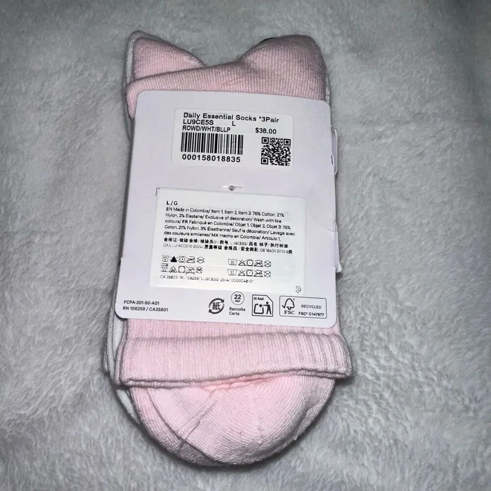 Lululemon Unisex Daily Essential Quarter Socks 3 Pairs Large Pink Maroon NWT